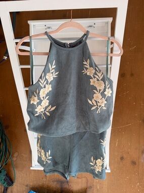 She + Sky Teal Crop Top and Shorts Set with Cream Floral Embroidery